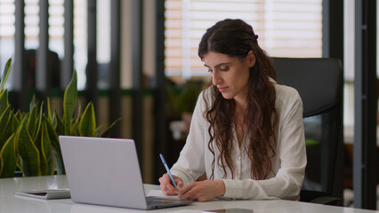 Caucasian woman business girl businesswoman female employer intern writing task notebook office...
