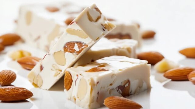 Discover delicious nougat with almonds showcased in a tempting dessert display in a bright setting
