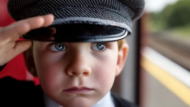 Young boy in classic conductor uniform saluting at train station with keen expression and bright blue eyes