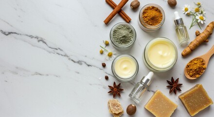 Natural Skincare Ingredients Flat Lay with Herbal Powders, Creams and Organic Wellness Products on White Background