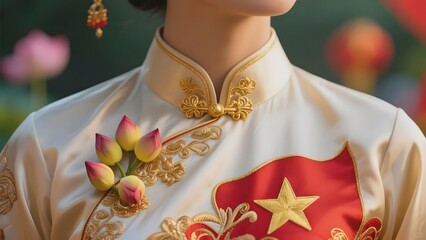 Person wearing a traditional embroidered garment with floral and star motifs