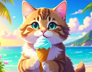 Obraz premium Cute cat eating an ice cream cone on the beach in anime style, conveying joyful summer and playful animal.