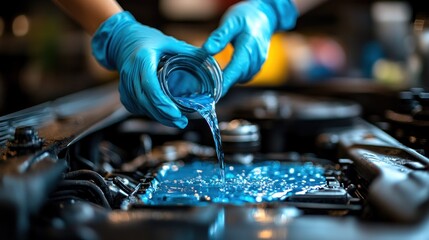 Fototapeta premium Blue liquid poured into car engine