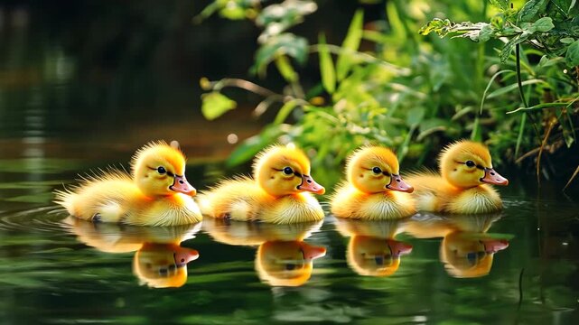 Ducklings swimming on serene lake