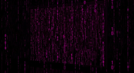 Magenta binary code falling down in a dark abstract space creating a digital matrix effect background