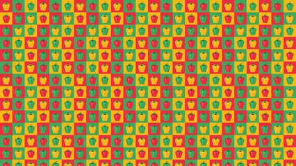 A colorful checkerboard pattern with alternating green yellow and red bell pepper illustrations repeated