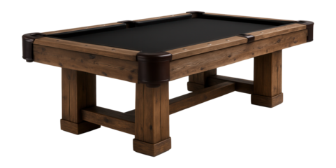 Rustic billiard table with reclaimed wood finish and leather drop pockets for cabin games