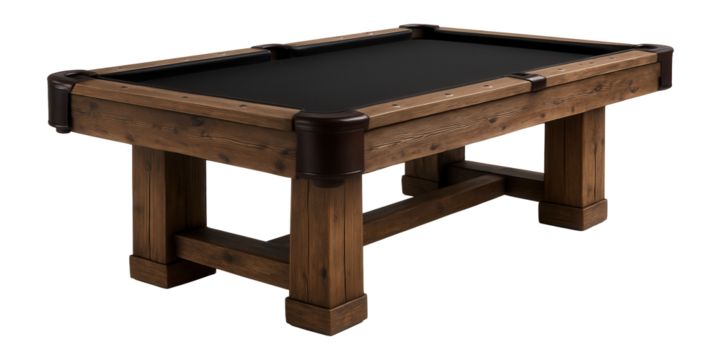 Rustic billiard table with reclaimed wood finish and leather drop pockets for cabin games
