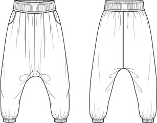 Harem pants front back technical sketch, fashion flat illustration, loose fit trousers design, vector line drawing, cad style fashion template