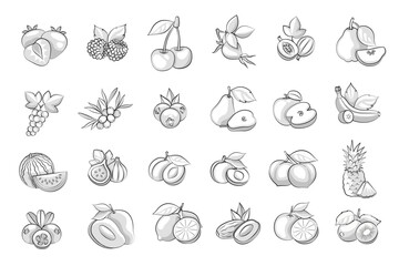 Fruits Set. Rustic Vintage Line Art Illustrations, farming, engraved sketch style