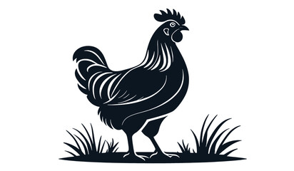 Vintage Black and White Rooster Illustration Standing on Grass — Stylized Farm Animal Drawing for Rustic Branding, Agricultural Decor, and Traditional Vector Artwork