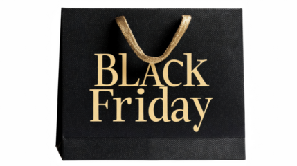 A black shopping bag with black friday in gold lettering isolated on transparent background