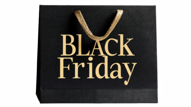 A black shopping bag with black friday in gold lettering isolated on transparent background