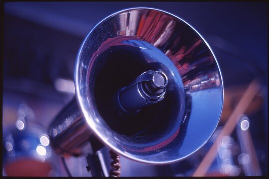 Close-up view of a shiny megaphone used at a lively outdoor event during the daytime near a stage with a drum set in the background