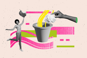 Full 3d artwork collage of young girl volunteer throw food bitten apple trash rubbish bin paper...