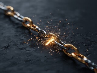 A metallic chain breaks apart, sparks flying