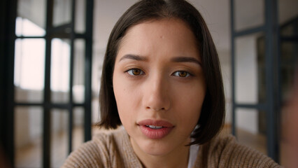 POV point of view Caucasian woman girl influencer social media scrolling mobile phone webcam at...