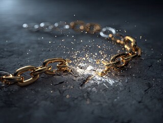 A gold and silver chain breaks apart on a dark gray surface, creating a dramatic explosion of sparks