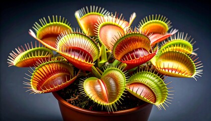 Close-up of a Venus flytrap plant in a pot.  Vibrant colors