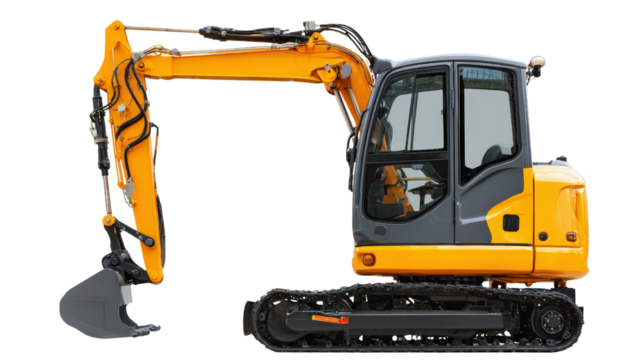 Compact electric excavator with zero emissions design background isolated on a Transparent background, PNG file.