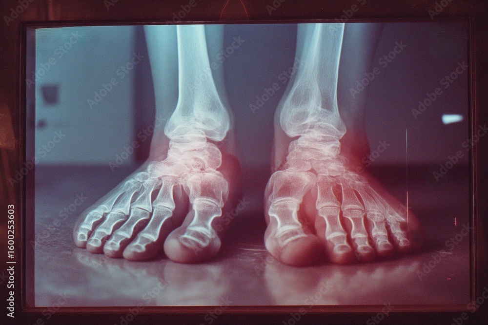Poster x-ray of human feet showing bone structure and alignment in a medical setting at a diagnostic center