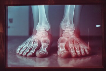 X-ray of human feet showing bone structure and alignment in a medical setting at a diagnostic center