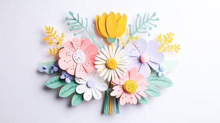 3D paper-cut style, spring flower bouquet, pastel colors, white background, flat lay