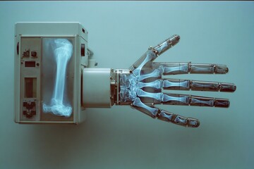 Innovative robotic hand connected to an x-ray machine showcasing advanced technology in healthcare diagnostics