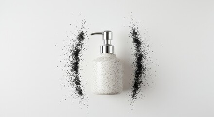 Speckled Ceramic Pump Bottle with Scrub Granules on White Background – Minimalist Skincare Branding
