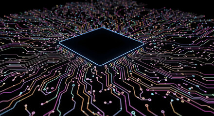 A close up of a microchip with glowing circuits on a black background with a square center piece
