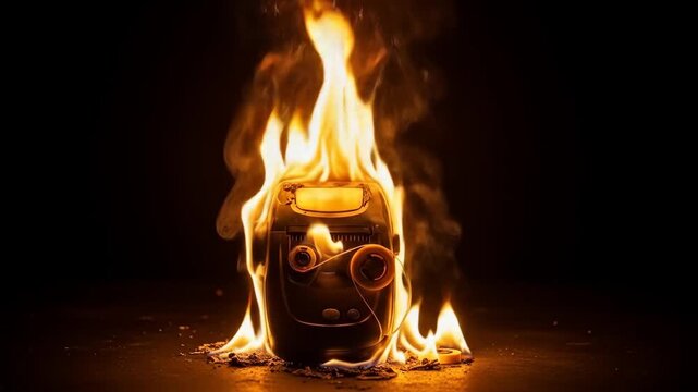 Vintage Label Maker Burning in Flames - A vintage label maker is engulfed in flames against a black background. The fire is bright and intense, casting an orange and yellow glow.