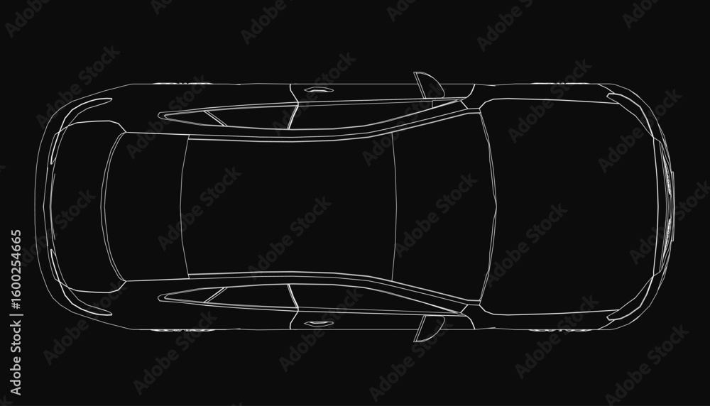 Poster a sleek car blueprint in top view, showcasing detailed contours on a black background. the design hi