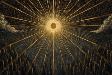 A radiant sun, celestial figures