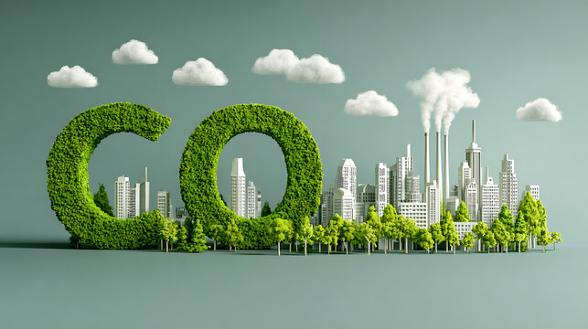 Green co2 lettering inspiring carbon offsetting over polluted city skyline