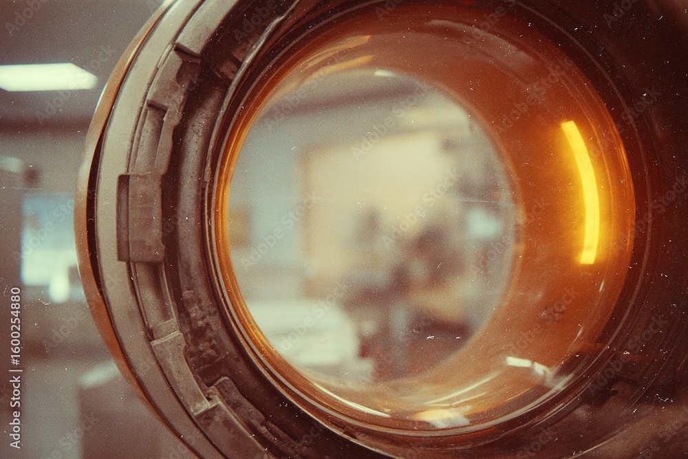 Poster close-up view of a circular lens in a laboratory setting showcasing its warm glow and intricate deta