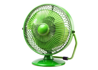 A bright green electric desk fan with a protective grill and rotating blades is shown on a transparent background