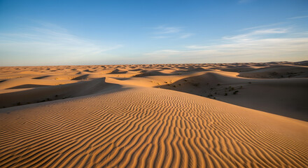 Sand dunes stretch across the horizon under a clear blue sky in a desert landscape view image