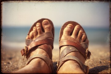 Relaxing on the beach, enjoying the sun with weathered sandals on a warm summer day by the ocean