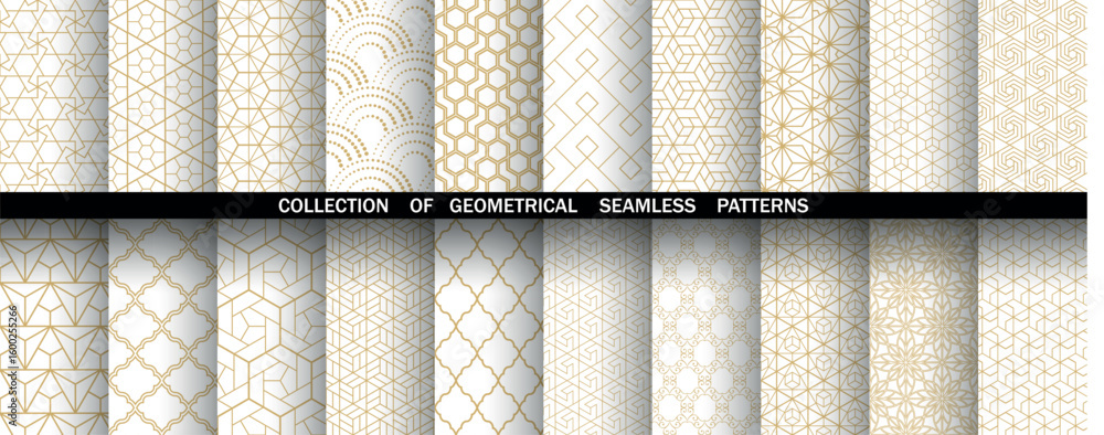 Poster geometric set of seamless golden and white patterns. simple vector graphics