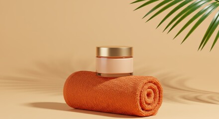Tropical Skincare Jar on Towel with Palm Leaf – Summer Spa Concept