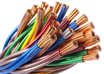 A closeup view of a bundle of colorful electrical wires with exposed copper strands and plastic insulation on a transparent background