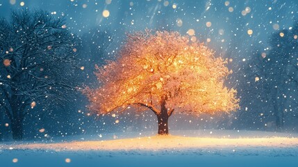 Illuminated winter tree in a snowy landscape at night.