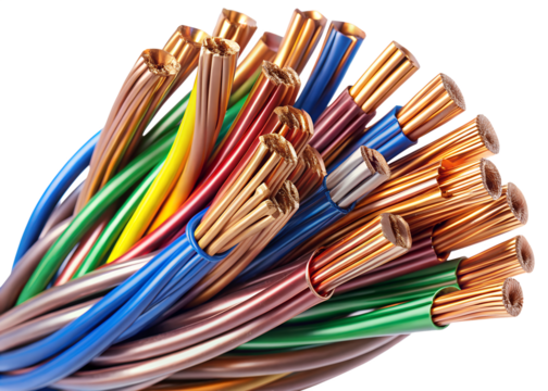 A closeup view of a bundle of colorful electrical wires with exposed copper strands and plastic insulation on a transparent background
