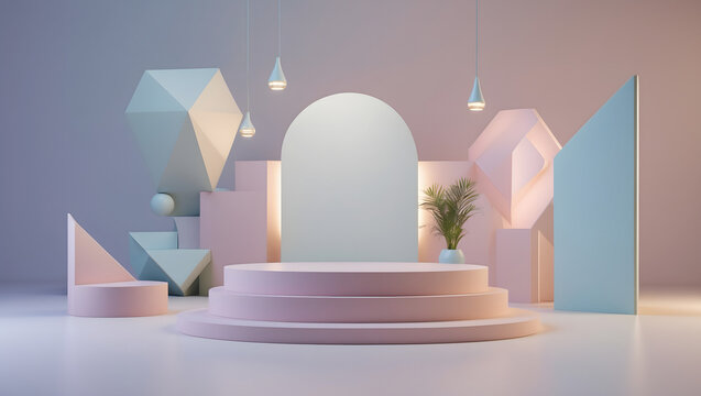 3d illustration of a pastel geometric podium with soft lighting showcases product placement against a modern abstract background
