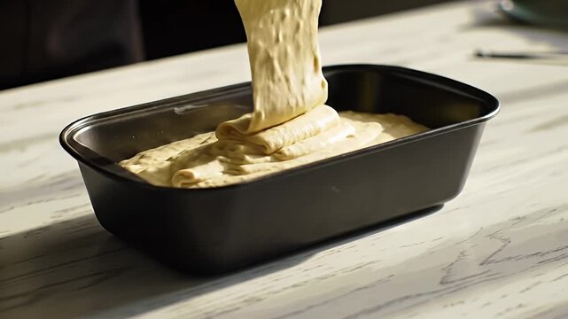 Batter being poured into a loaf pan set on a marble countertop, ready to bake
