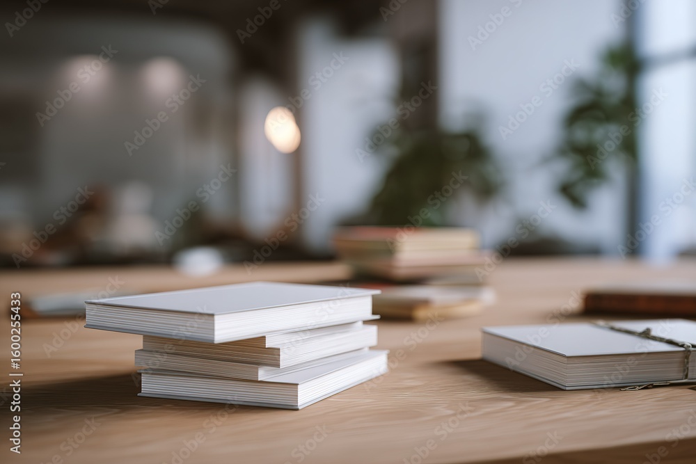 Poster stacked blank notebooks and a workspace in a cozy modern setting with natural light filtering throug