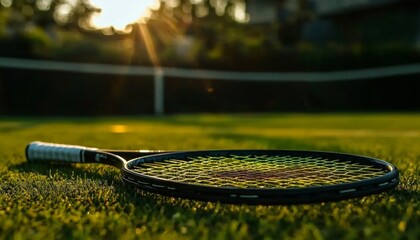 Vibrant Closeup of Tennis Racket and Ball on Lush Grass
