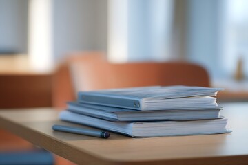 Study materials stacked neatly on a wooden table in a bright, modern workspace with soft natural light during daytime