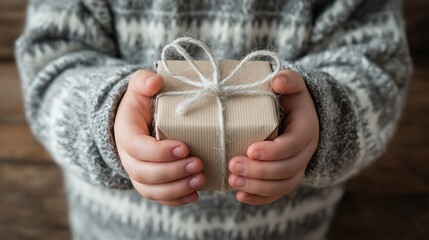 Child in a grey knit sweater holding a christmas gift wrapped in craft paper and string.