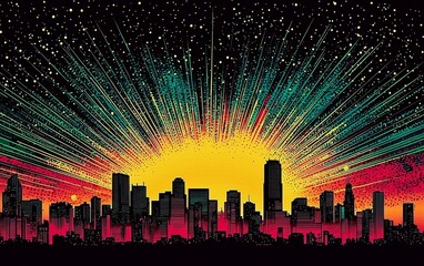 Vibrant Comic Background with City Silhouette at Sunset